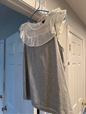 LOFT Gray Sleeveless Top with White Crochet Yoke
